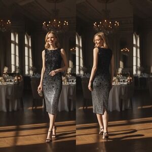 Badgley Mischka Ombre Sequin Midi Cocktail Sheath Dress Black 6 NWT